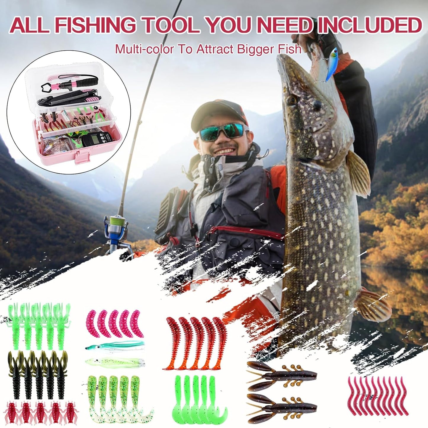3-Layer Fishing Tackle Box - Complete Fishing Tools Kit with Pliers, Gripper & Baits | Pink Color