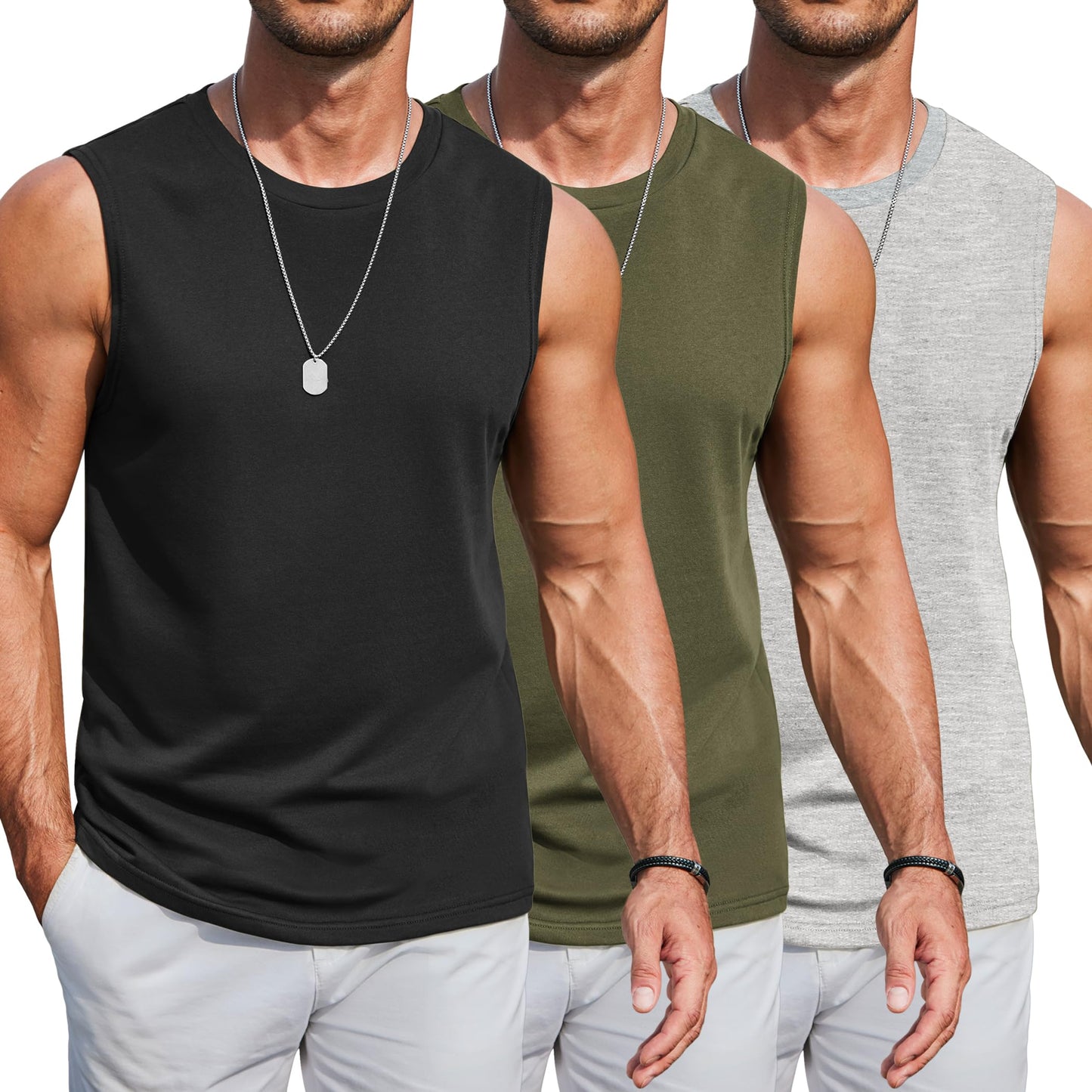 COOFANDY Mens Sleeveless Boxing Shirt Cotton Workout Tank Top 3 Pack Soft Athletic Muscle Tank Army Green XXL