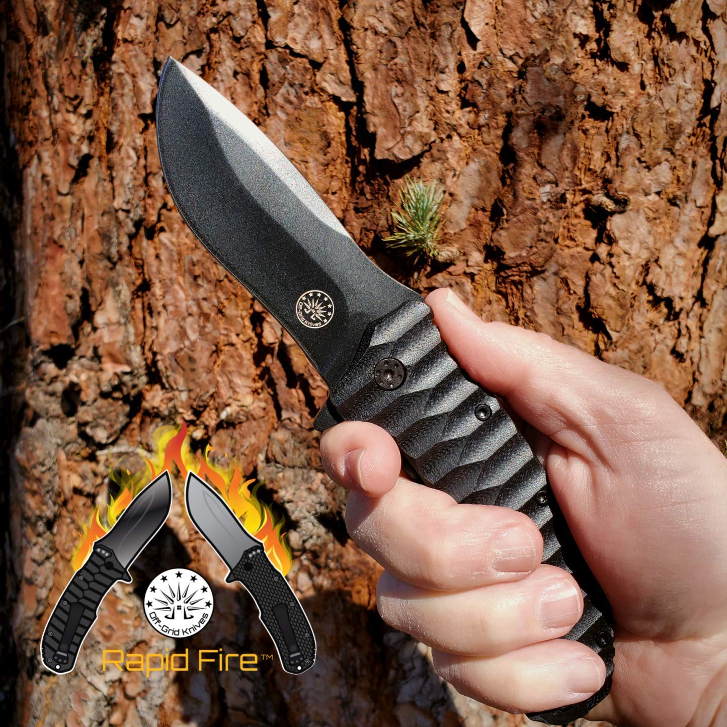 Off-Grid Knives - Rapid Fire Blackout - Large Folding Knife for Camping & EDC, Cryogenic D2 Blade Steel, Titanium Nitride Coating with G10 Scales & Deep Carry Clip