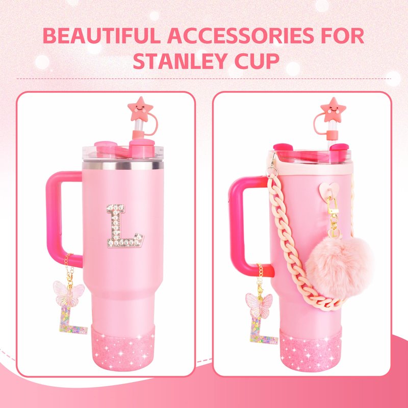 WINOWIMO 8 Pcs Pink Accessories Set for Stanley Cup 30 oz 40 oz, Silicone Glitter Boot, Star Straw Cover, Pom-Pom Charm, Letter Charm, Water Bottle Handle, Initial Sticker for Stanley Tumbler (L)