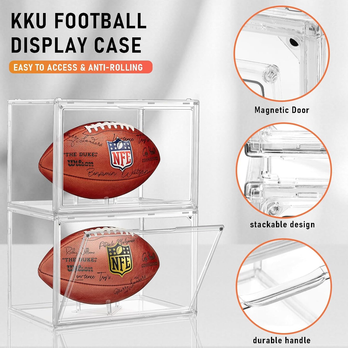 Football Display Case - 3 Pack Clear Acrylic Holder with Magnetic Door | Full Size, Dust & UV Protection