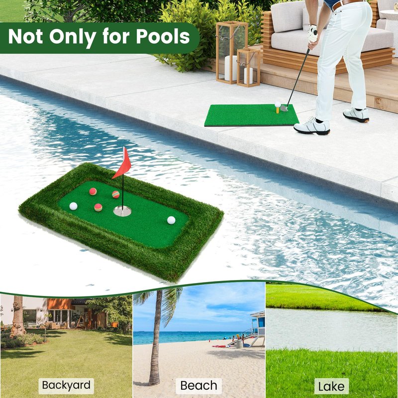 Tangkula Floating Golf Green for Pool, Rectangular Floating Chipping Green Includes Hitting Mat, 6 Balls, Flag, Cup & Tee, Training Mat, Outdoor Pool Golf Game