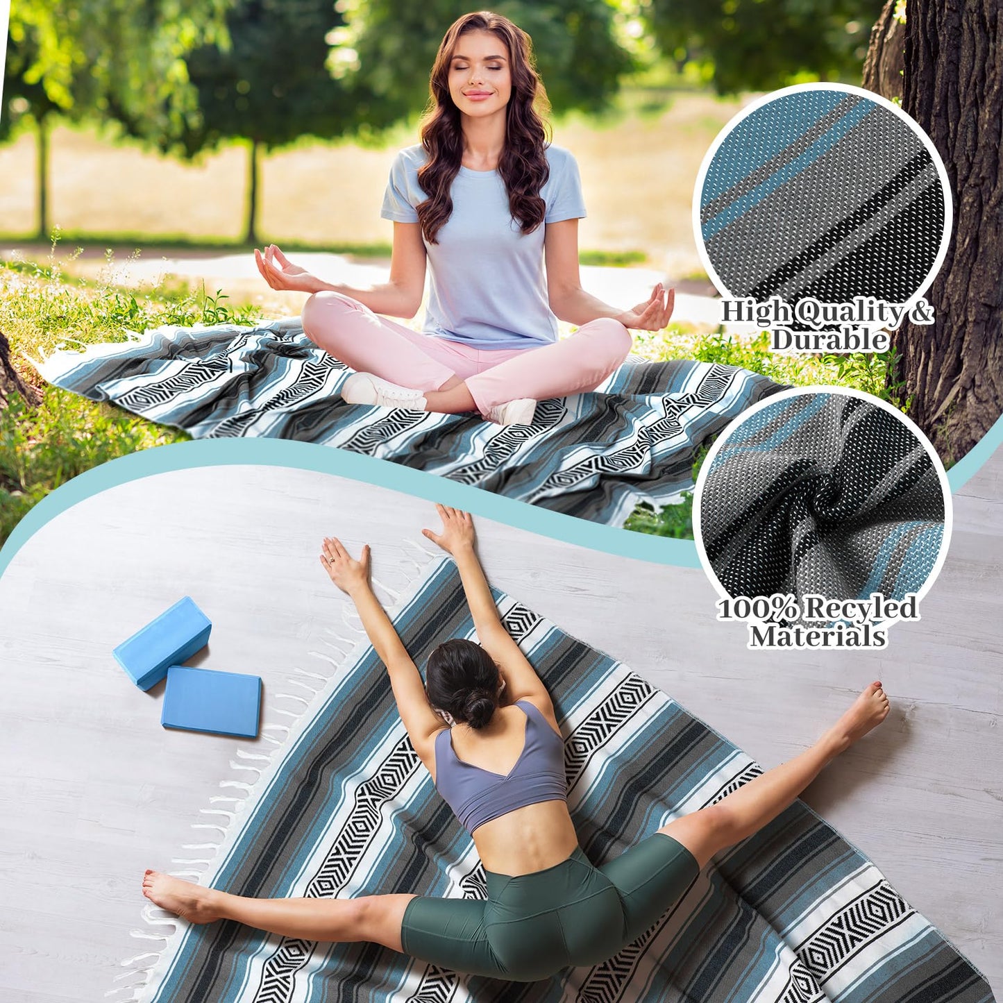 6 Pcs Restorative Yoga Kit Include Rectangular Yoga Bolster Yoga Mexican Blanket Yoga Blocks with Strap Eye Pillow for Exercise Workout Stretching Meditation (Blue, White Lake Blue, Lake Blue)