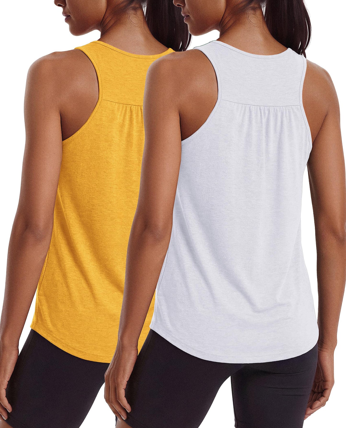 PINSPARK Workout Tops for Women Racerback Athletic Tank Top Sleeveless Pilates Outfits Crewneck Lightweight Running Hiking Summer Shirts,White/Yellow M