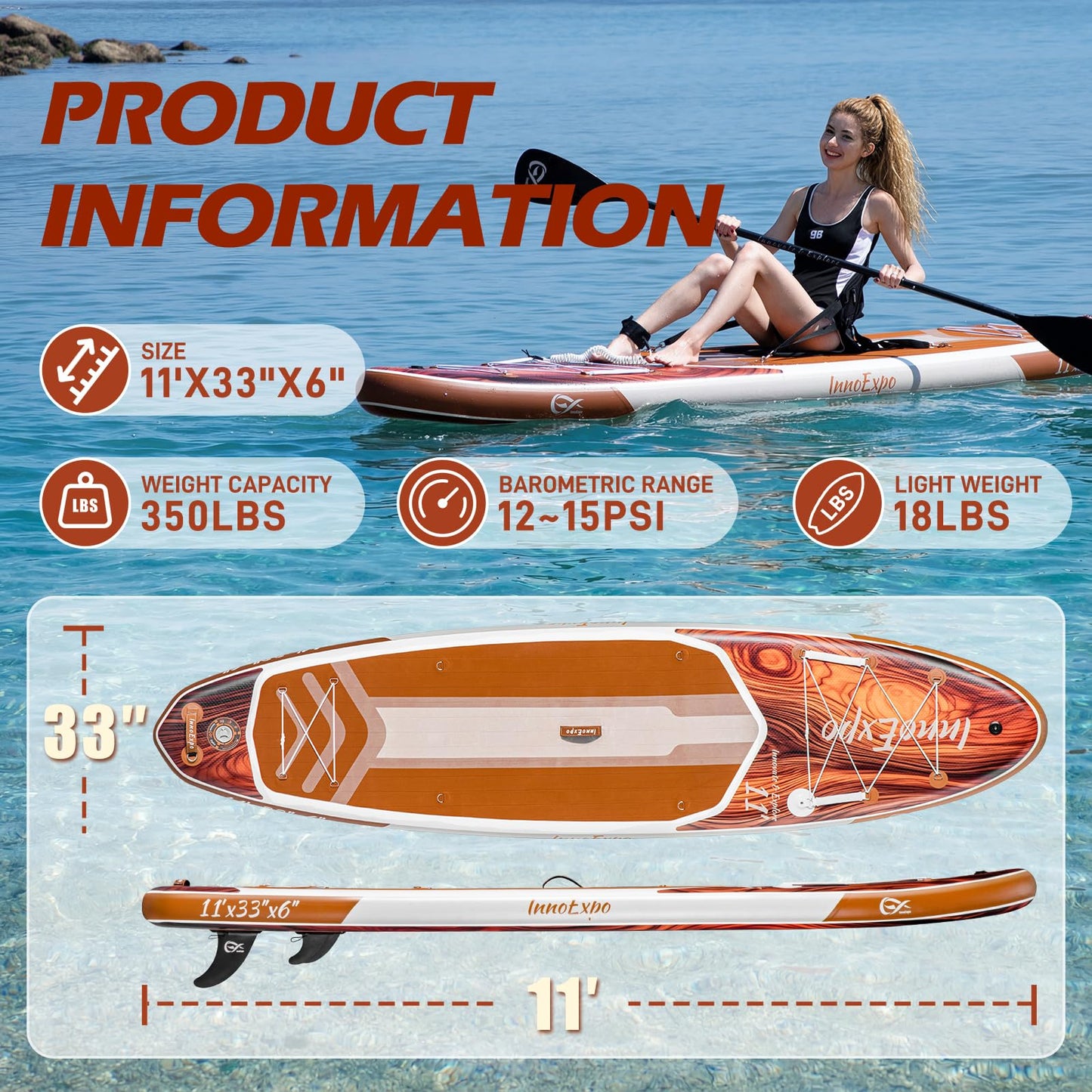 InnoExpo 11' Inflatable Stand Up Paddle Boards with Premium Accessories, Wide Stable SUP Paddle Board Design, Non-Slip Comfort Deck for Youth & Adults (Timber/Kayak Seat)