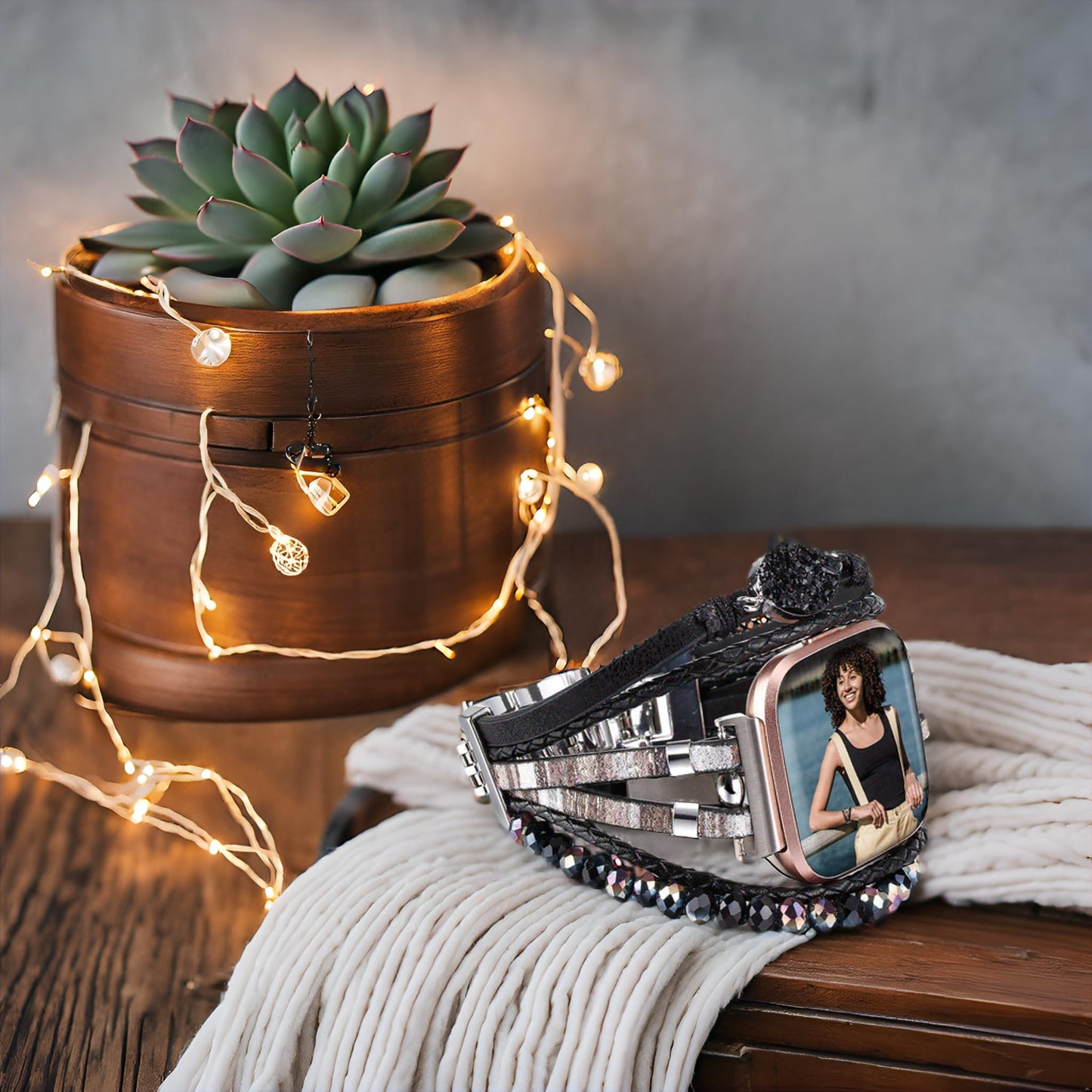 HARAVAL Leather Beaded Bracelet Compatible with Fitbit Versa 4/Versa 3 Bands/Sense 2/Sense Bands for Women Men, Cute Handmade Multilayer Wrap Boho Strap for Fitbit Smartwatch, Gold