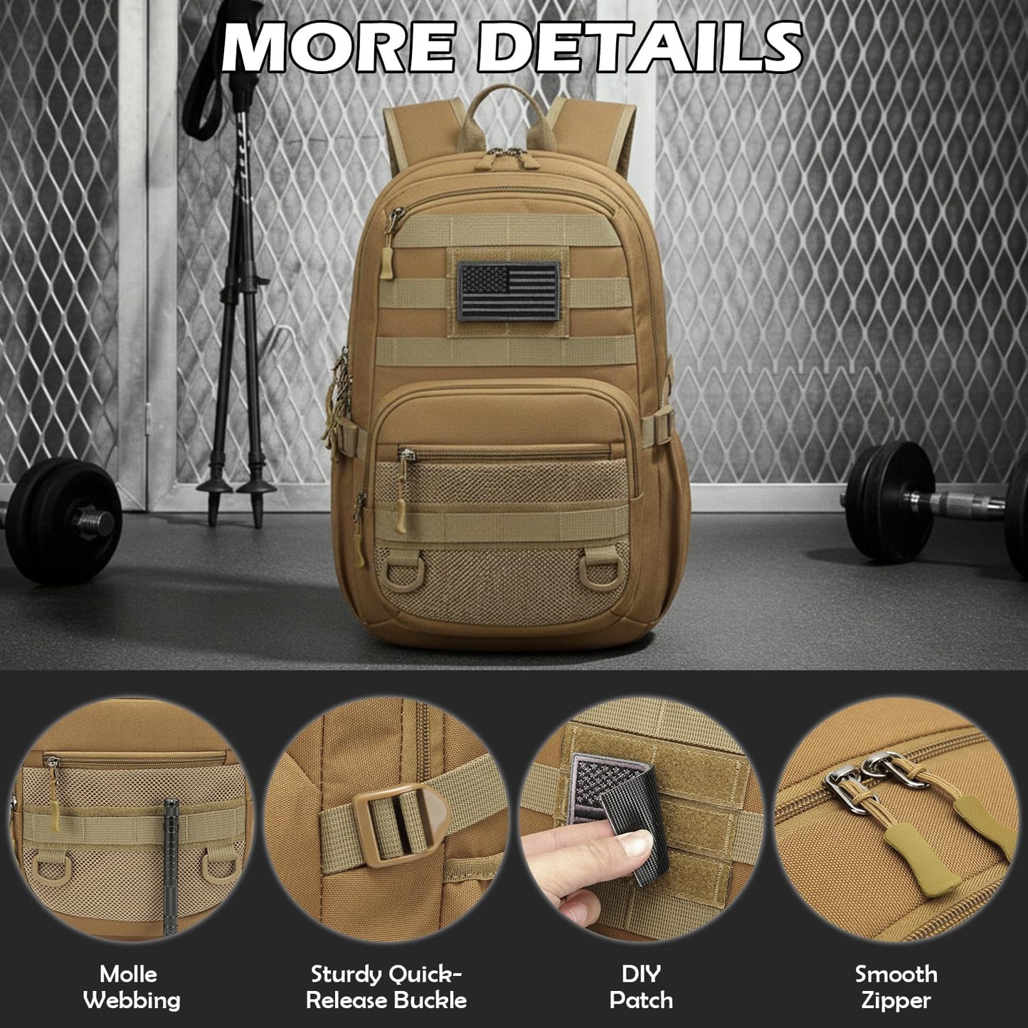 Tactical Backpack - Military Molle 3-Day Assault Pack for Hiking | Brown Rucksack