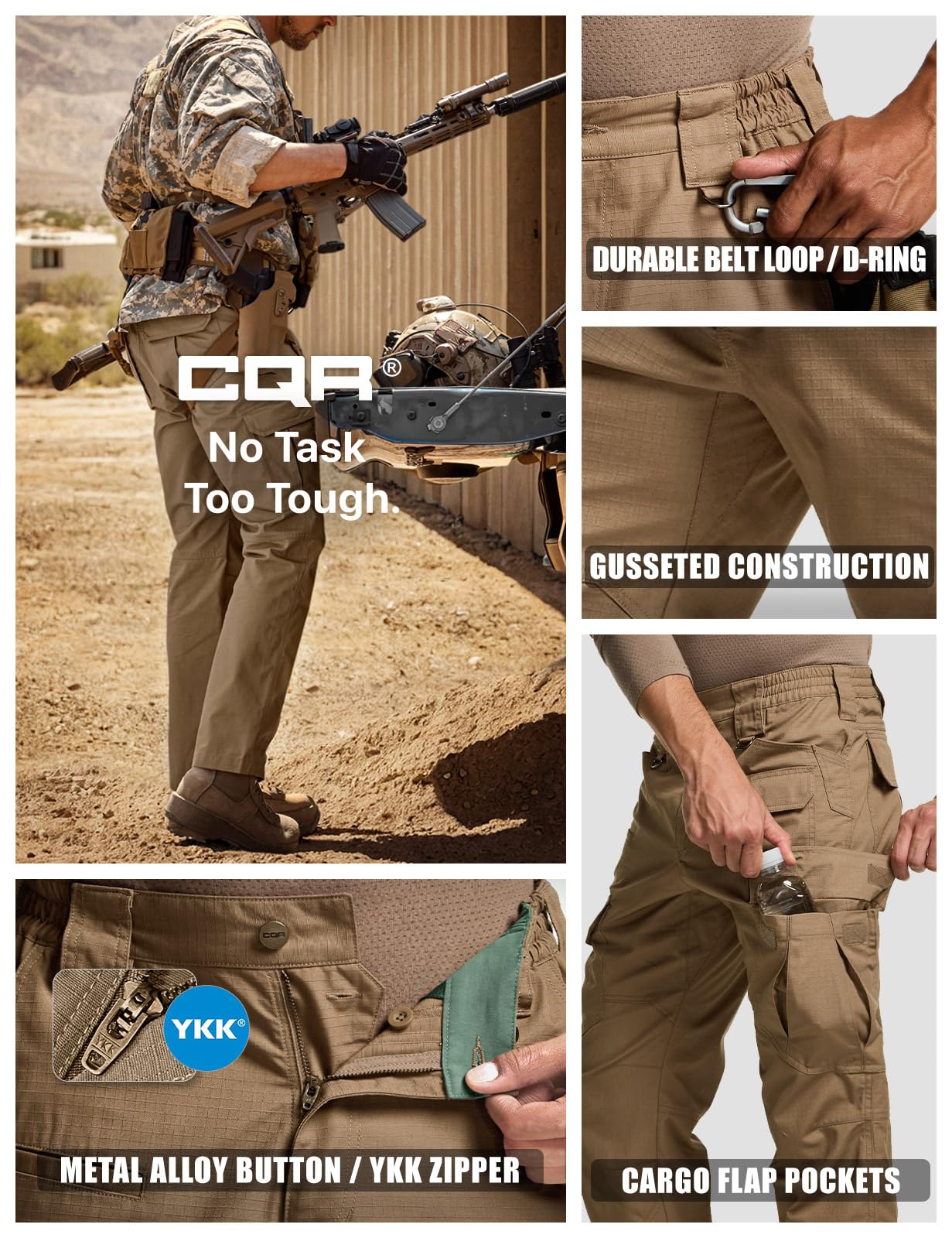 CQR Men's Tactical Pants, Water Resistant Ripstop Cargo Pants, Lightweight EDC Work Hiking Pants, Outdoor Apparel, Raider Mag Cougar, 44W x 32L