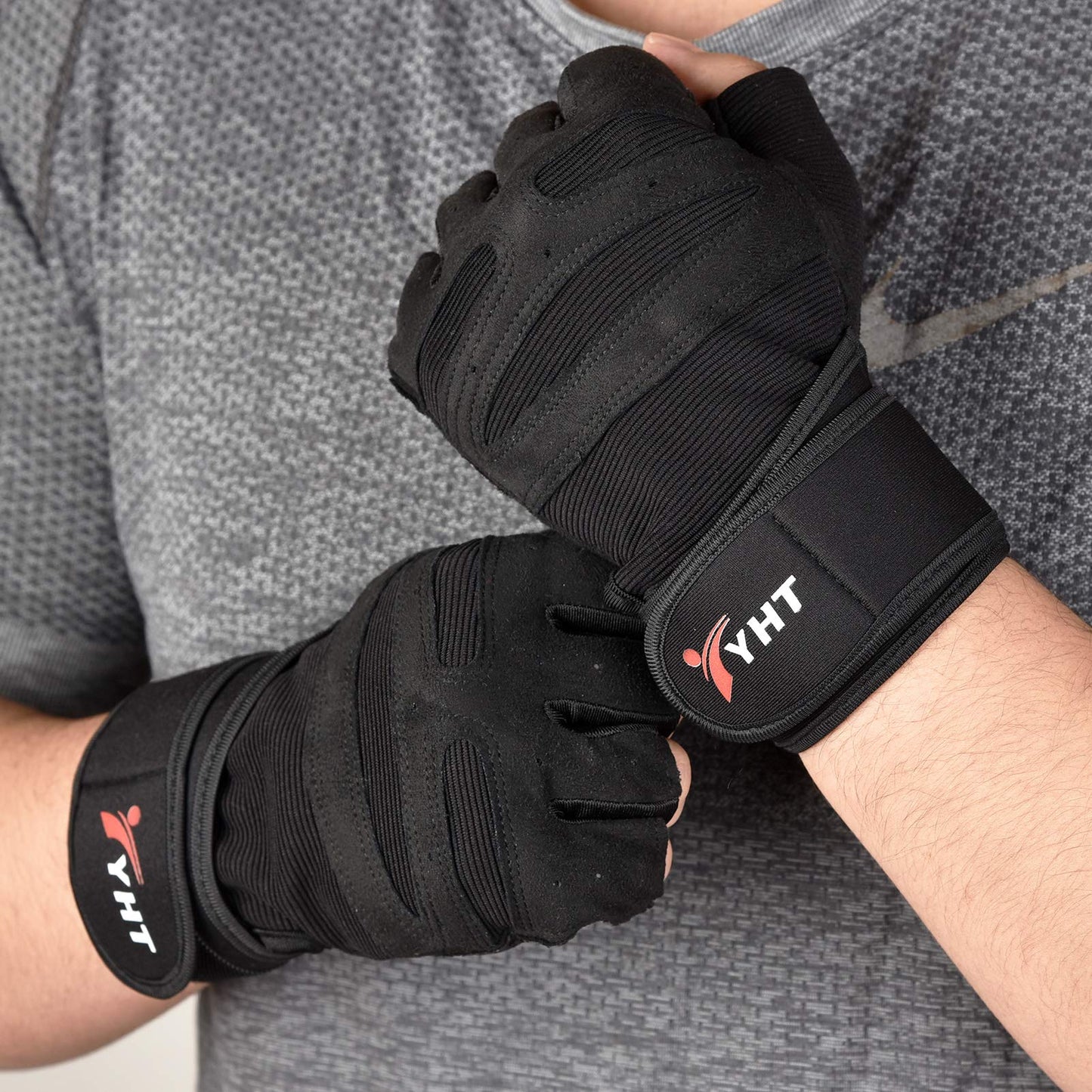 YHT Workout Gloves, Full Palm Protection & Extra Grip, Gym Gloves for Weight Lifting, Training, Fitness, Exercise (Men & Women) (Half Finger Black, Medium)