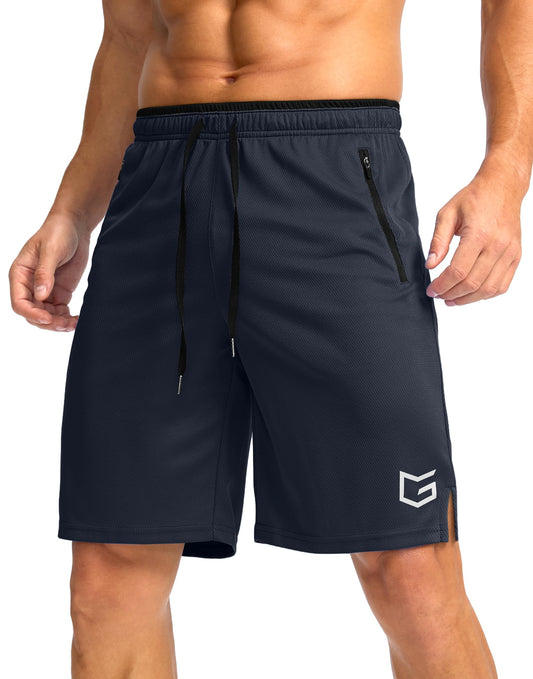 G Gradual Men's Gym Shorts wtih Zipper Pocket 9" Athletic Basketball Mesh Shorts for Men Workout Quick Dry Lightiweight(True Navy,L)