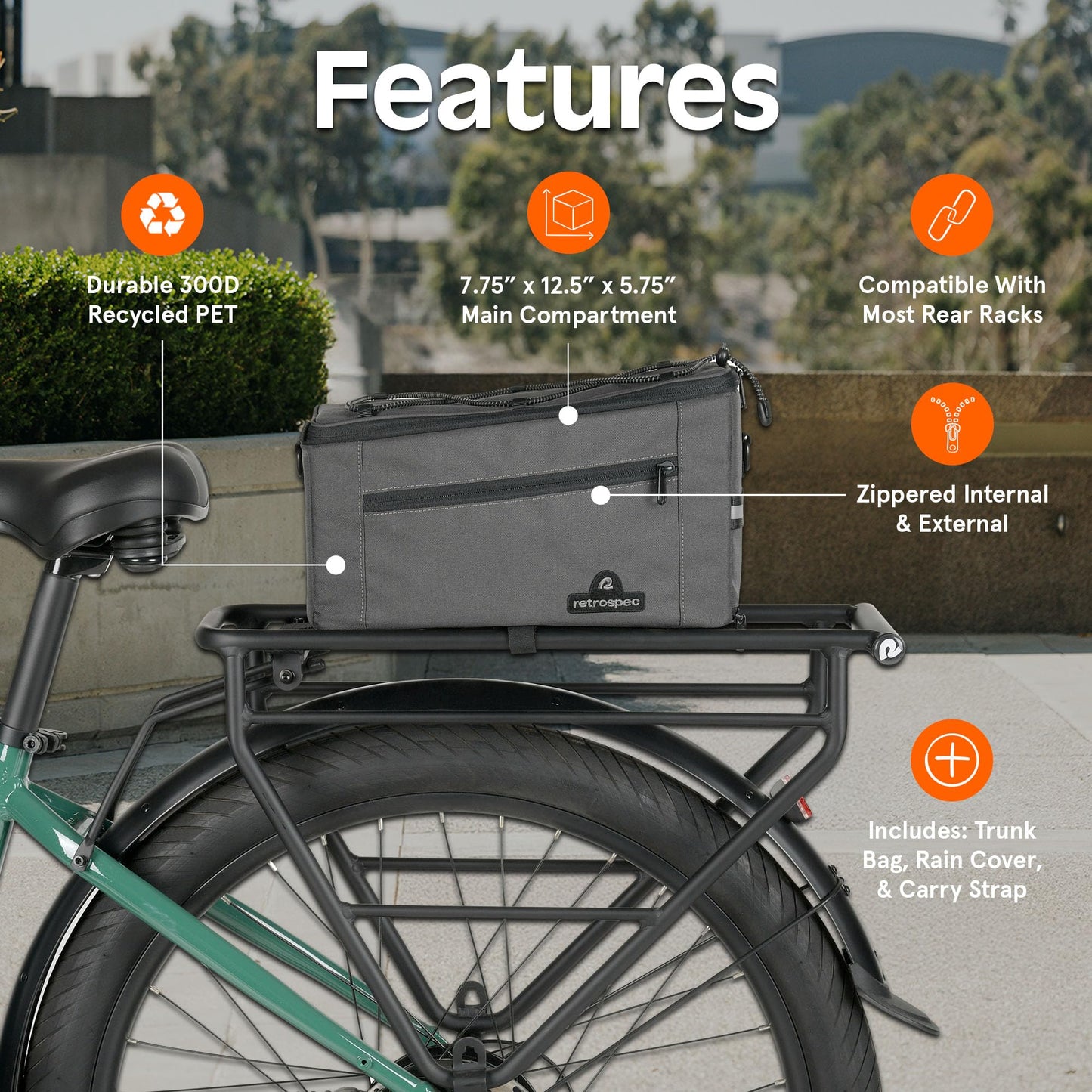Retrospec Cahoot Waterproof Bike Trunk Bag - rPET Cycling Rear Rack Storage Bag with Rain Cover and Carry Strap for Commuter - E-Bike Compatible (7.75"x12.5"x5.75")