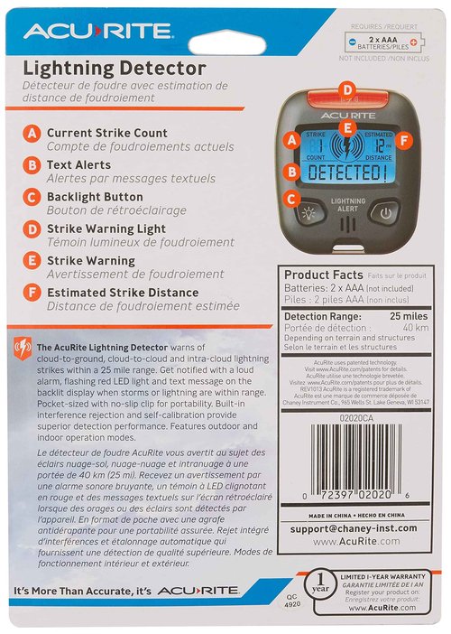 AcuRite 02020 Portable Lightning Detector Black, 2½L x 1W x 2¾H