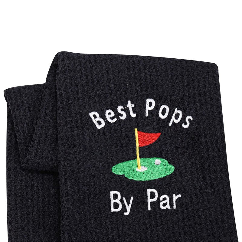 LEVLO Dad Golf Towel Embroidered Golf Towel Gift Golf Father Gift Best Pops/Grampy/Papaw/Opa by Par Golf Towel with Clip (Pops-Black)