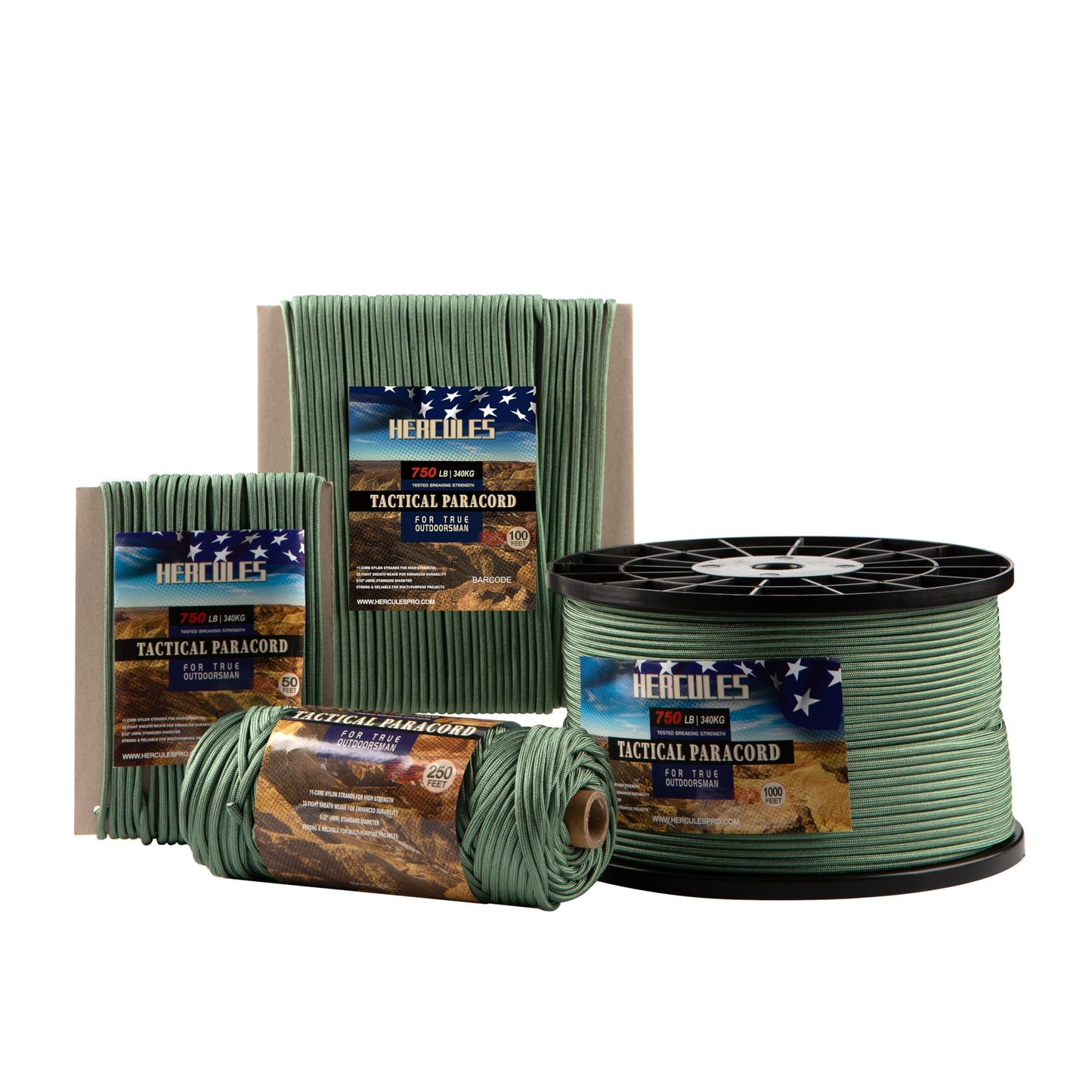 HERCULES 750lb Paracord 4mm 11 Strands Tactical Parachute Cord, 50' 100' 250' 1000' Utility Rope for Camping, Survival, Outdoor Gear (Olive Green, 50FT)