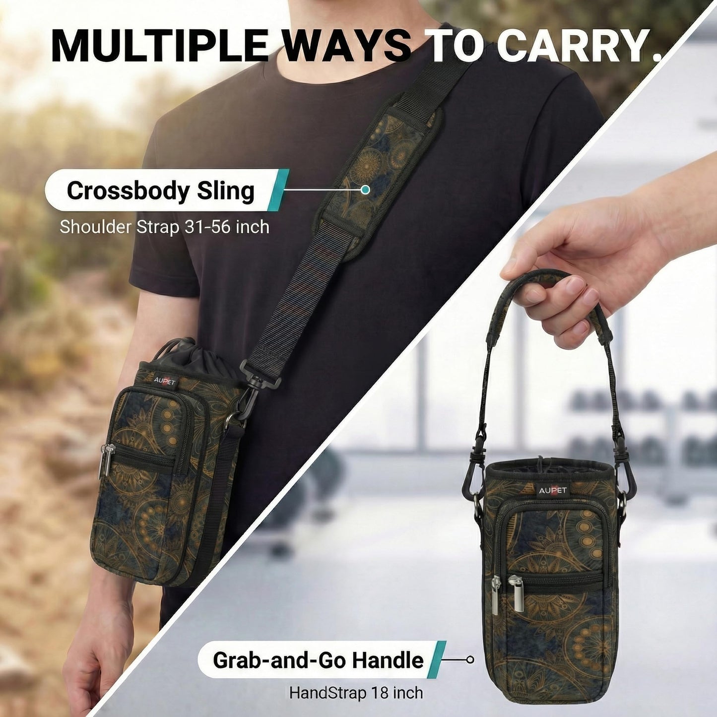 AUPET Water Bottle Sling Bag Sleeve Holder Carrier 25/32/40/64 oz,Insulated Crossbody Water Bottle Case Cover with Strap and Pockets for Men/Women Walking Hiking Camping (40oz, stylish)