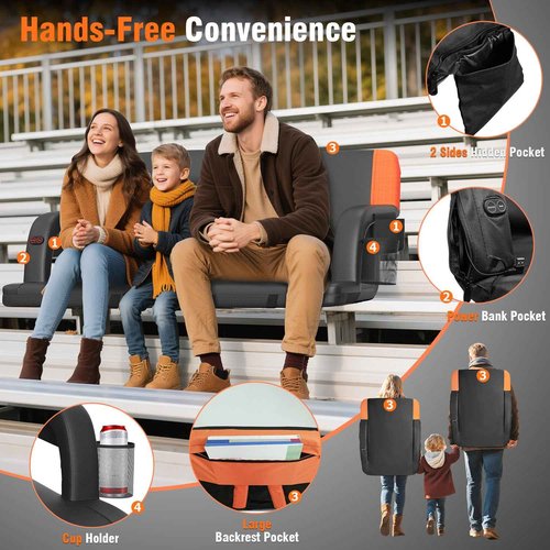 Suteck Dual-Sided Heated Stadium Seats for Bleachers with Back Support, 25" Portable Heated Bleacher Seat with Backrest, 3 Heat Levels, 5 Pockets – Ideal for Outdoor Stadiums and Events