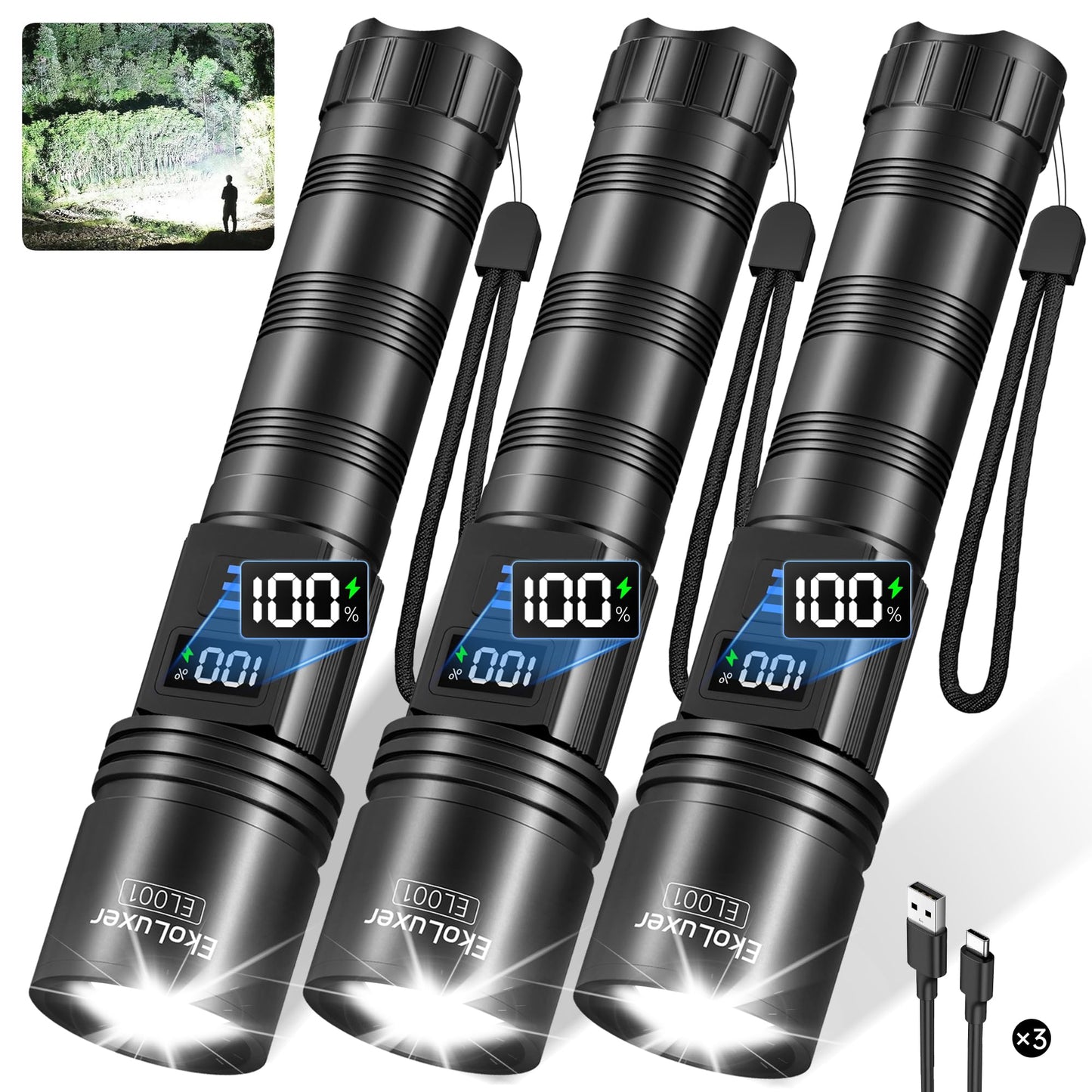 3Pack Rechargeable Flashlights 10000 High Lumens, Super Bright Flashlight with LCD Digital Display, 5Modes Adjustable LED Flashlight Tactical Flashlights High Powered, Flash Lights for Emergency