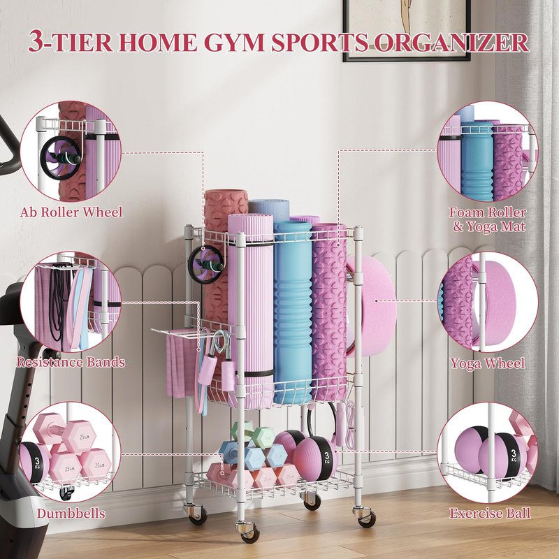 VOPEAK Home Gym Storage Rack with Wheels, Yoga Mat Storage Organizer for Kettlebells, Dumbbells, Resistance Bands, Space Saving 2-Tier Weight Rack for Home Gym, Garage, Easy to Install (3Tier-Black)