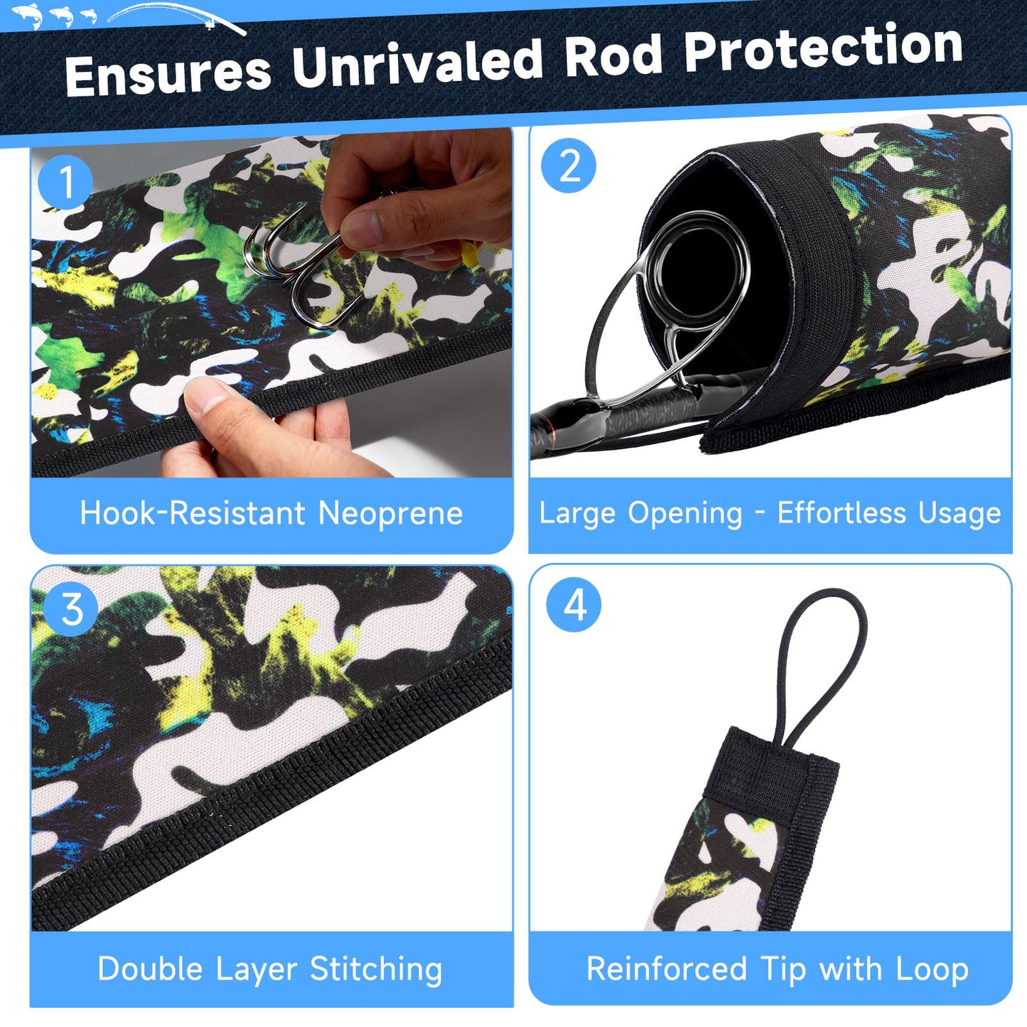 MONYES Neoprene Fishing Rod Sleeves for Casting, Spinning, Trolling Pole - Protective Cover Rod Sock with Hanging Loop & Lanyard- Floating, Puncture Resistant, Lightproof (65in, 4P)