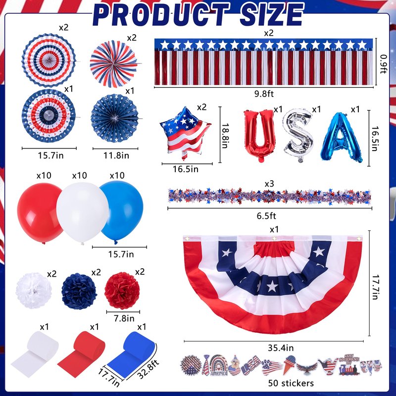 106 Pcs 4th of July Golf Cart Decorations Kit, Patriotic Parade Car Decoration, Red White Blue Tinsel Garlands, Pleated Fan Flag, Paper Fans, Pom Poms, Balloons for Independence Day Memorial Day