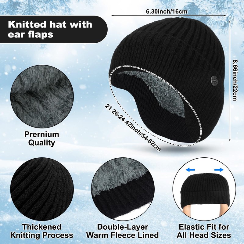 Chicingyou 8 Pcs Winter Warm Beanie Hat Scarf Glove Socks Set for Men Fleece Lining Thermal Knitted Earflap Cap Gift Outdoor(Black Gloves)