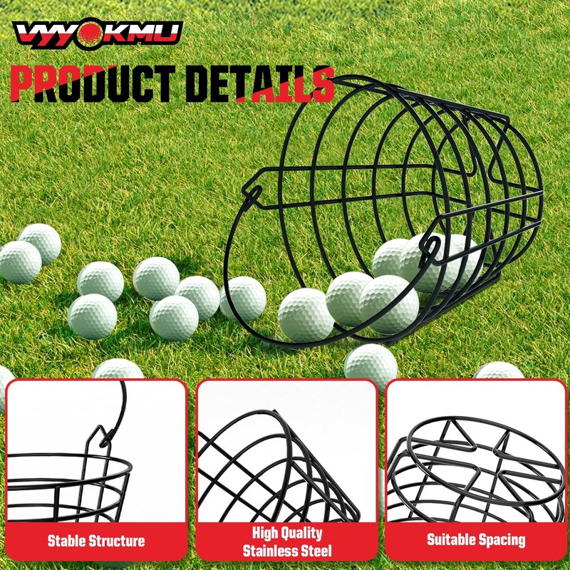 VYYOKMU Mental Golf Ball Basket with Handle, 2 Pack Golf Ball Buckets, Stainless Bucket of Golf Balls, Holds 50 Balls of Golf Ball Holder, Portable Metal Baskets for Storage for Golf Cart Accessories