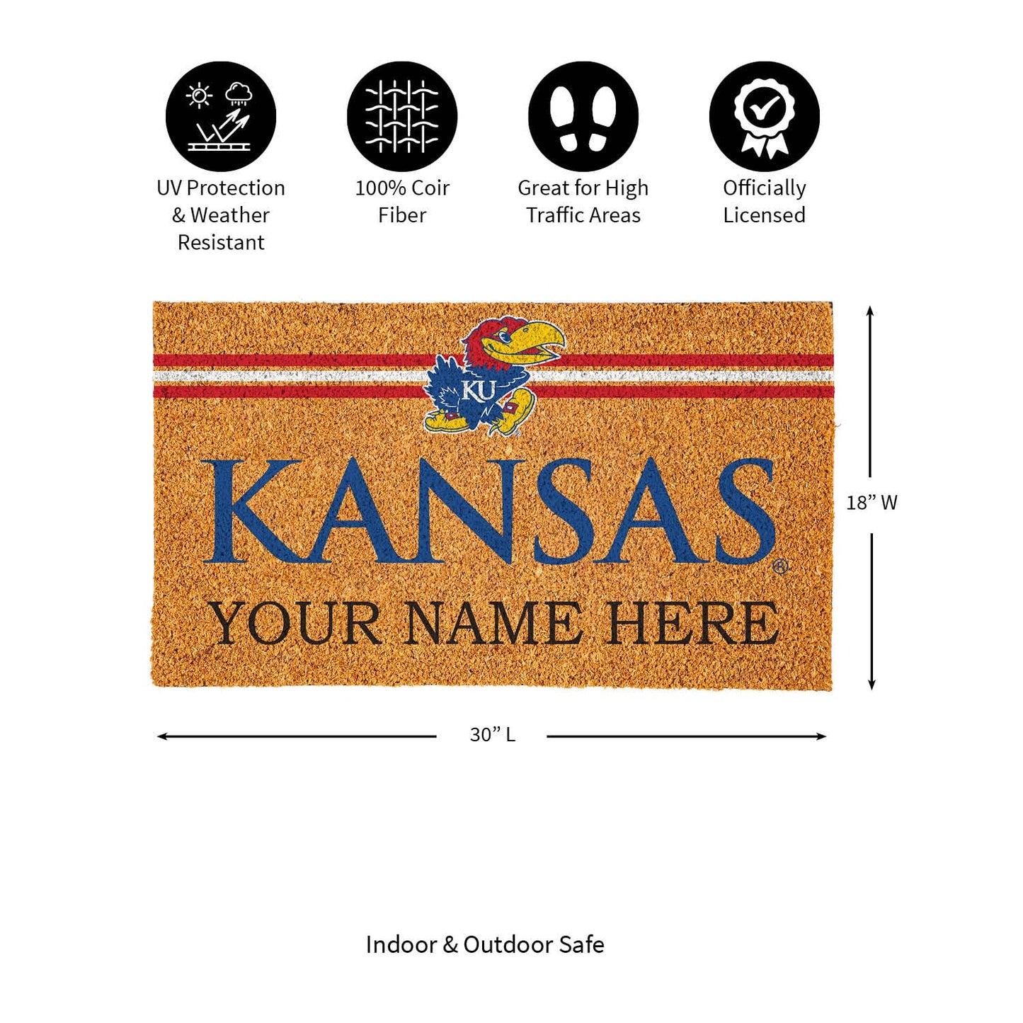 Team Sports America NCAA University of Kansas College Personalized Coir Door Mat, 18 x 30 Inches Custom Name Doormat, Front Door Welcome Mats