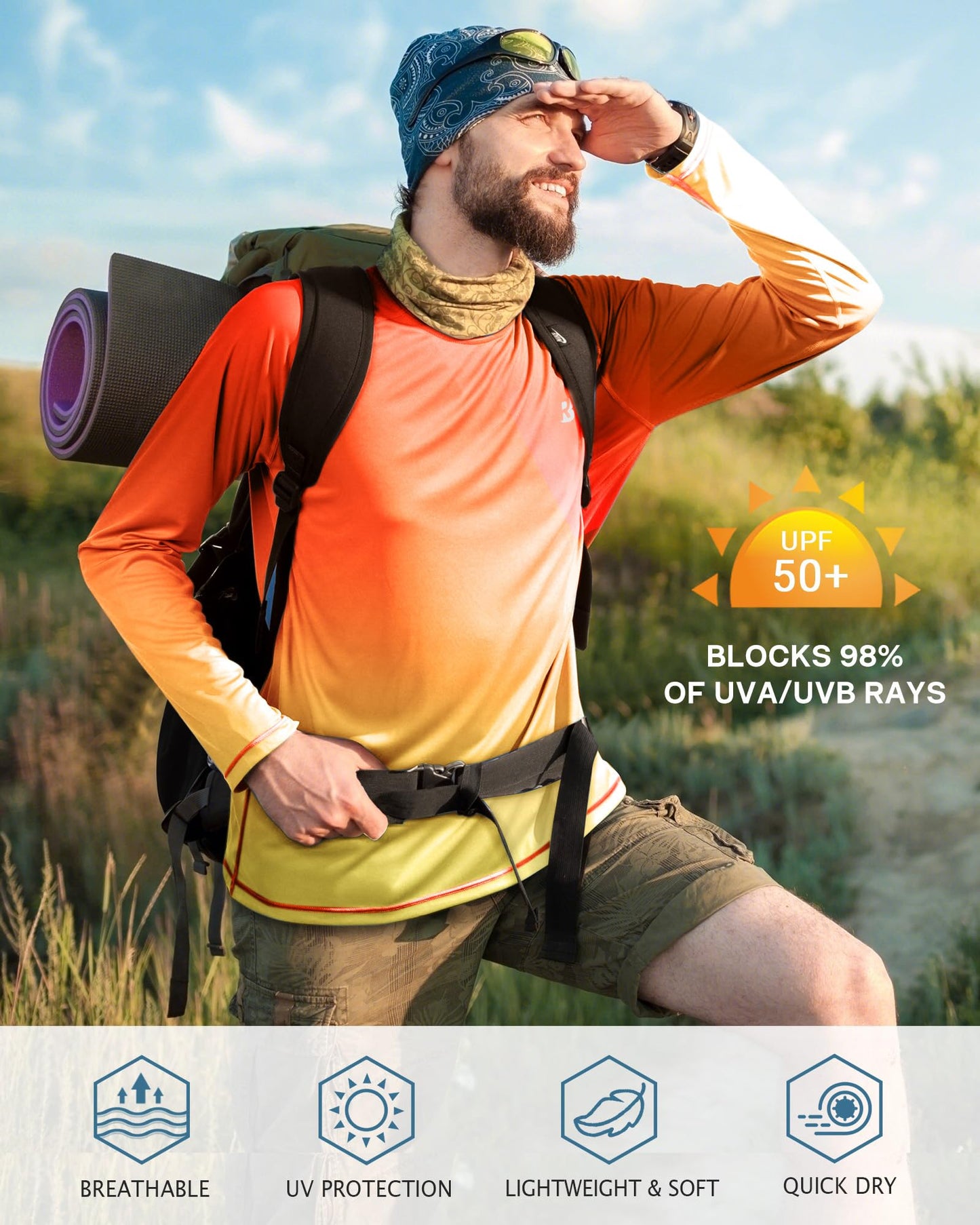 Roadbox Mens UPF 50+ Long Sleeve SPF Diving Rash Guard UV Sun Protection Shirts for Outdoor Fishing Hiking Swimming Running