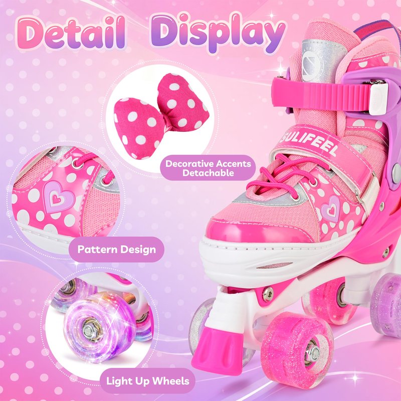 SULIFEEL Roller Skates for Girls Ages 3-12, 4 Sizes Adjustable Kids Quad Skates with Light up Wheels-Birthday Gift for Indoor Outdoor Sports