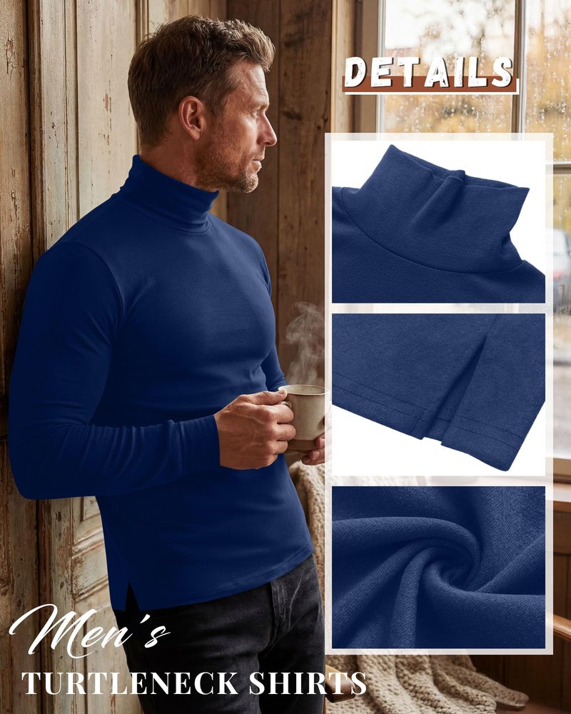 Riyiper 3 Pack Men's Turtleneck Shirts Thermal Basic Knitted Long Sleeve Casual Slim Fit Winter Pullover Tops(Black, Burgundy, Navy Blue,L)