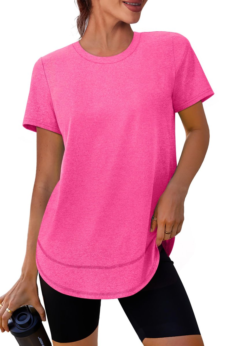 Workout Tops for Women Spring Summer Short Sleeve Golf Outfits Gym Essentials Activewear Running Shirts Hot Pink S