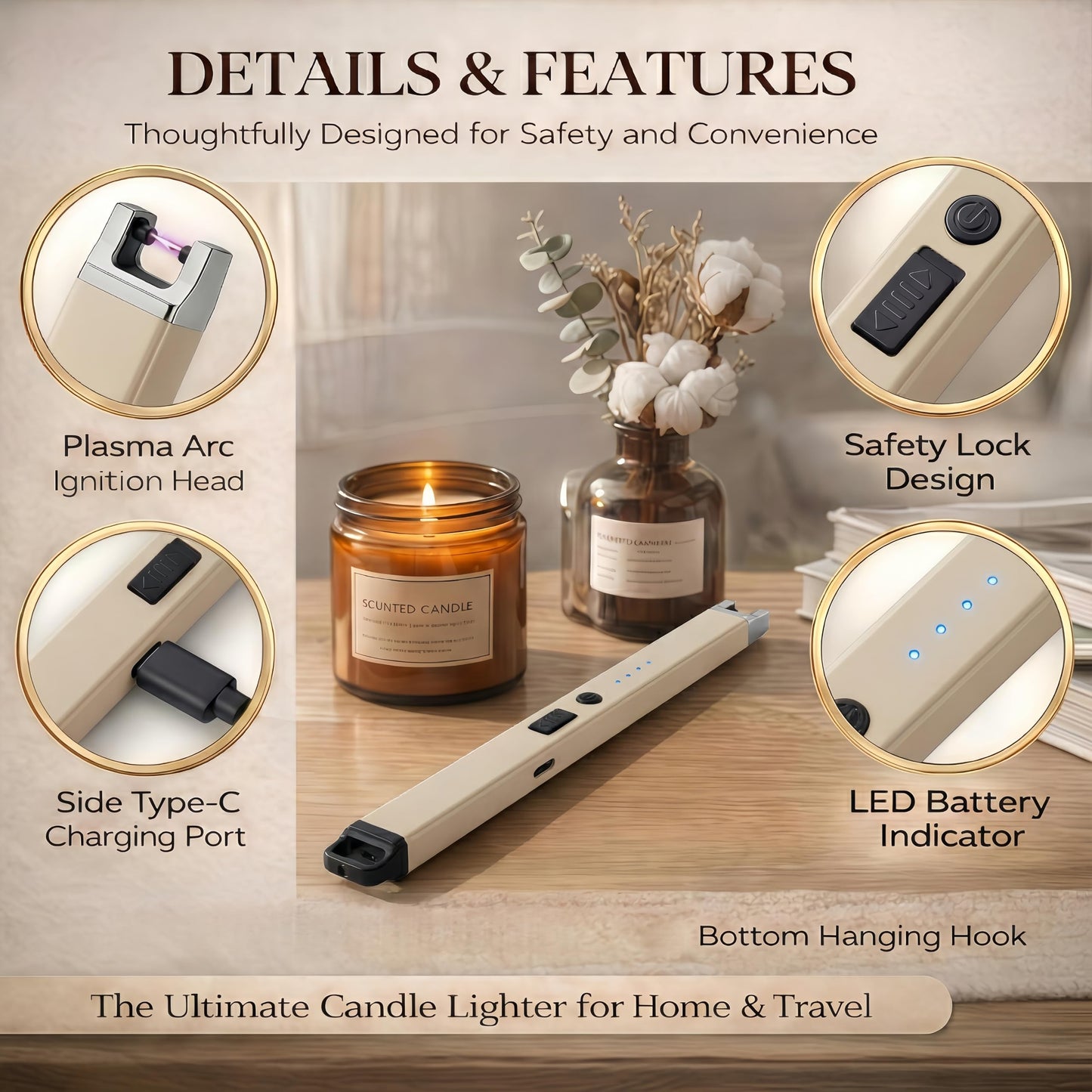 Castelar Candle Lighter, Electric Lighter Windproof Flameless with Safety Switch, USB Rechargeable Lighters for Candle, Grill, BBQ, Camping, Birthday & Stocking Stuffers (Gold)