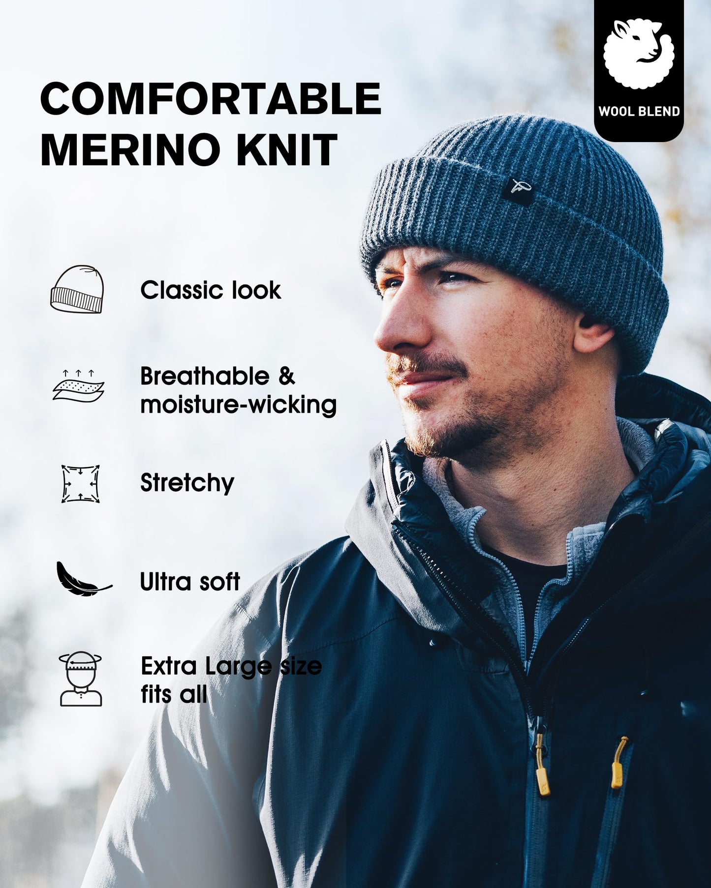 Oversize L/XL/XXL Merino Wool Blend Short Fisheman Beanie Lightweight Warm Hat for Cold Weather Winter (US, Alpha, XX-Large, Navy)