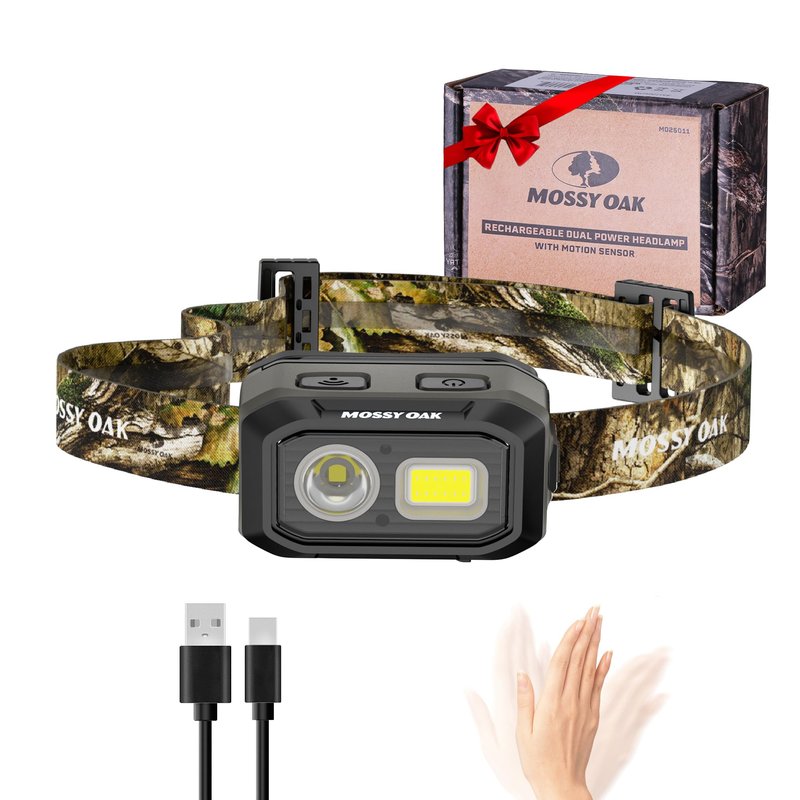 Mossy Oak 600 Lumens LED Headlamp, Dual Power Source, Motion Sensor Head Lamp with Magnetic Base, Stepless Dimming, Memory Mode for Camping, Hiking, Work, Repair, Mechanic