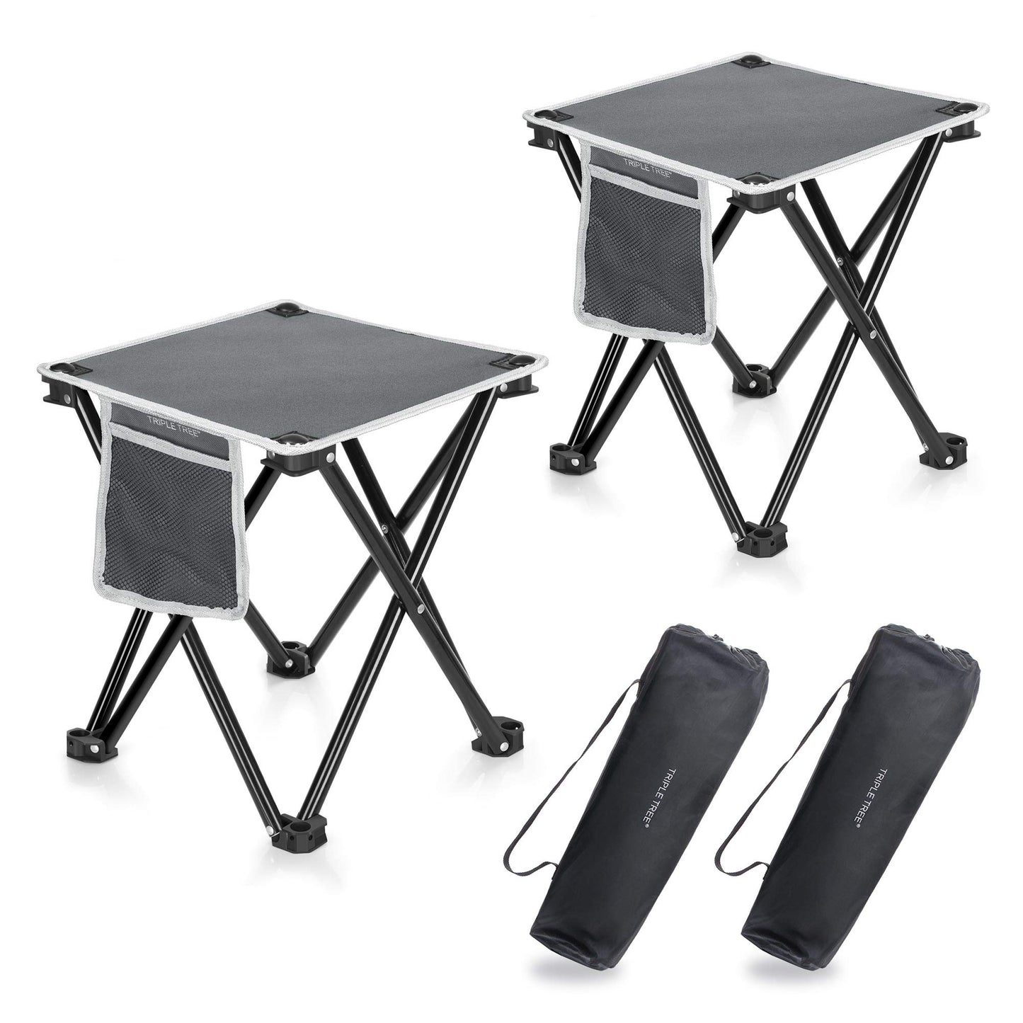 Zaboro Triple Tree 2 Pack Folding Camping Stool, 13.8 Inch Small Portable Lightweight Stool with Side Pocket, Foot Stool with Carry Bag for Hiking, Fishing and Beach, Hold up to 400lbs, Grey