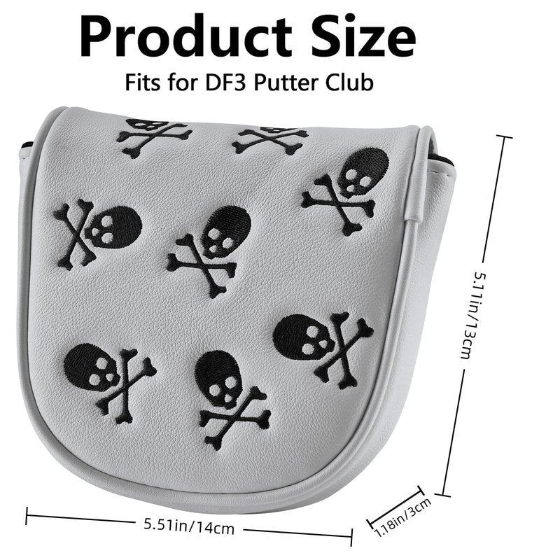 Gbourly Embroidery Skeleton Skull Golf Club Mallet Putter Head Cover Fits for DF3 Club Magnetic Closure Center Shafted PU Leather Headcover (White)