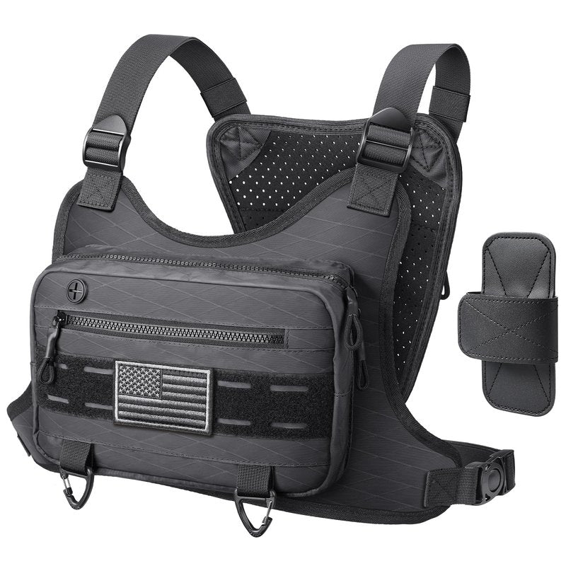 RXW Outdoor Sport Chest Rig for Men Women, Running Vest Bag with Pack Holster, Chest Pack Built in Phone Holder for Cycling, Camping,Travel, Hiking, Workouts, EDC（Black）