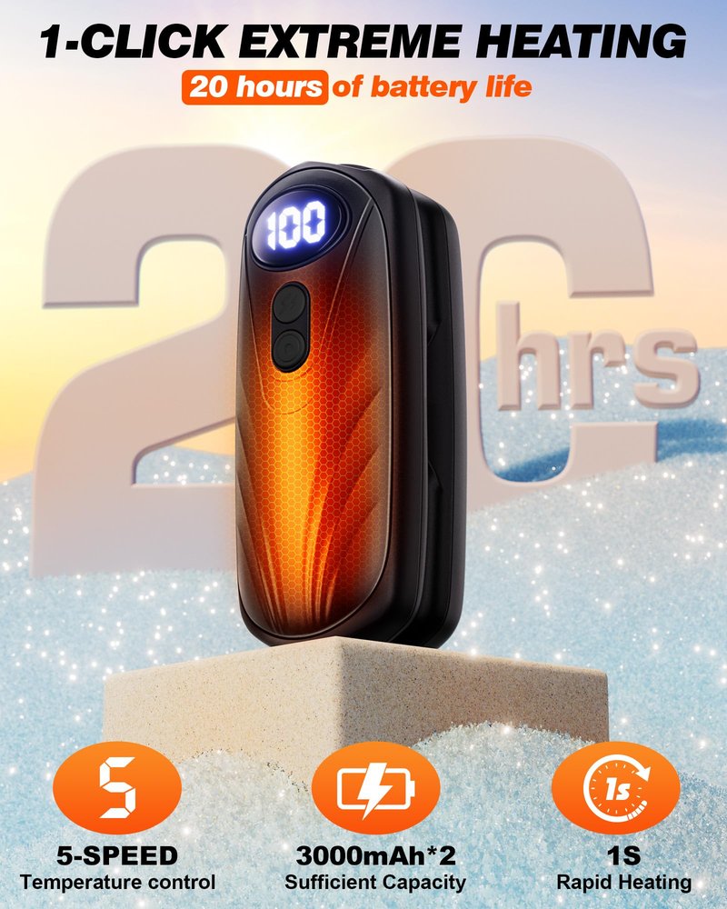 Funaudio Hand Warmers Rechargeable 2 Pack - 6000mAh Electric AI Handwarmers with LED Display, 5-Level, 2 in 1 Portable Heater, Warm Gifts for Women/Men/Golf/Camping/Hunting/Travel/Outdoor/Indoor