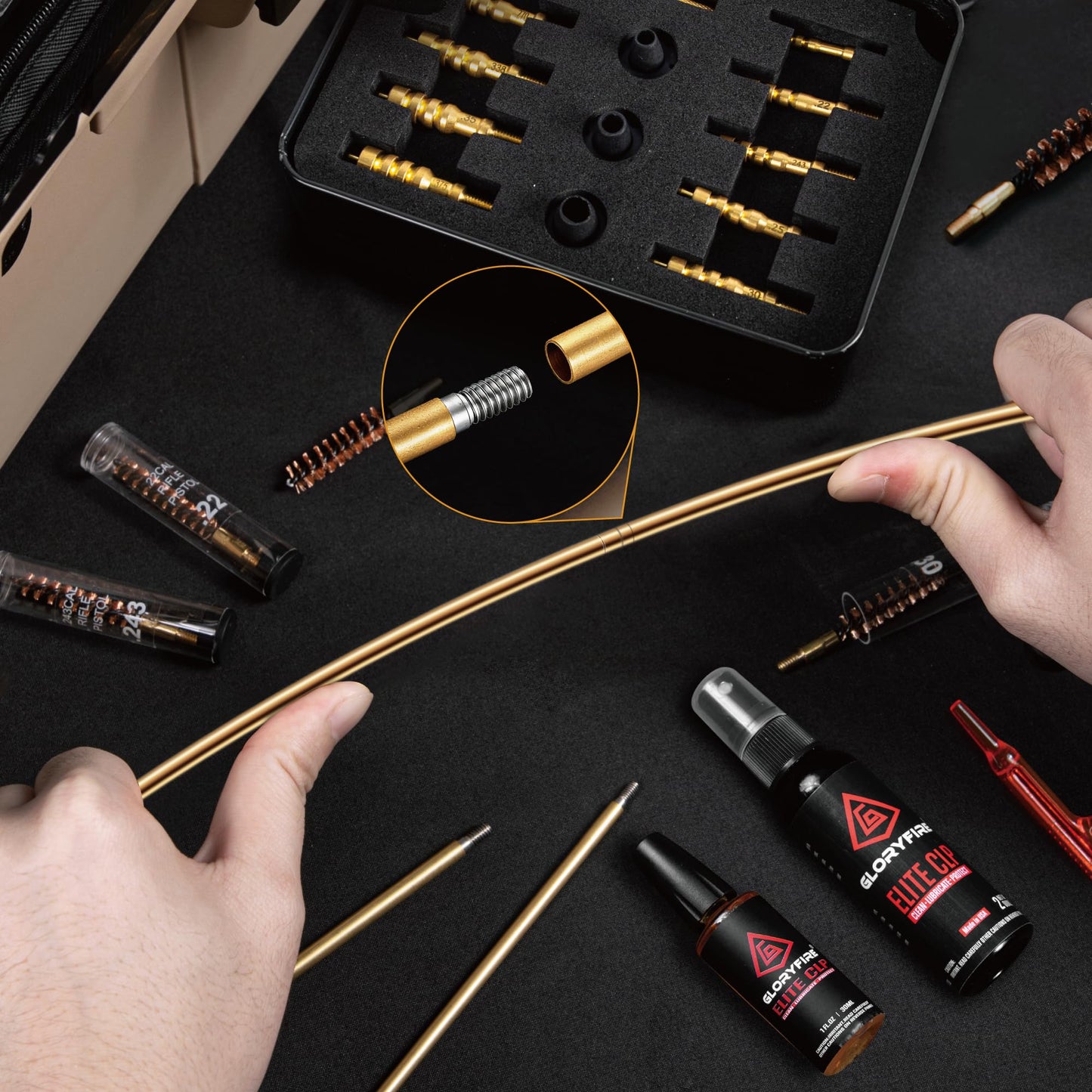 GLORYFIRE Deluxe Universal Gun Cleaning Kit - Highly Effective Cleaning Solutions for Hunting and Shooting - Compact (Coyote)