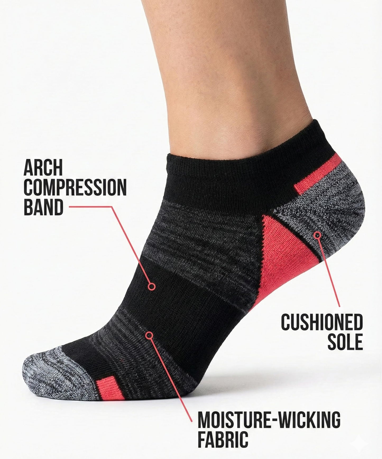 Tipi Toe Women's 6 Pack Breathable Comfort Running Black Color Grey Contrast Womens Comfy Socks, SP35-A-6