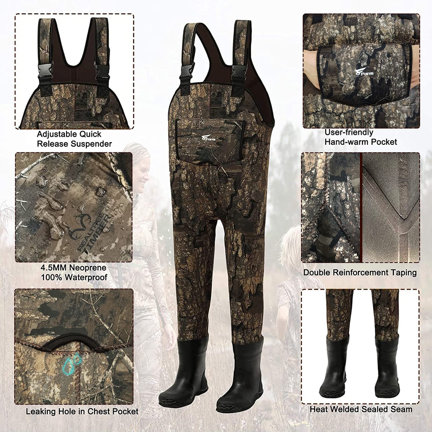 8 Fans Kids Chest Waders with Boots,Neoprene Waterproof Youth Waders Insulated Toddler Hunting & Fishing Waders for Kids Boys Girls Size 4/5