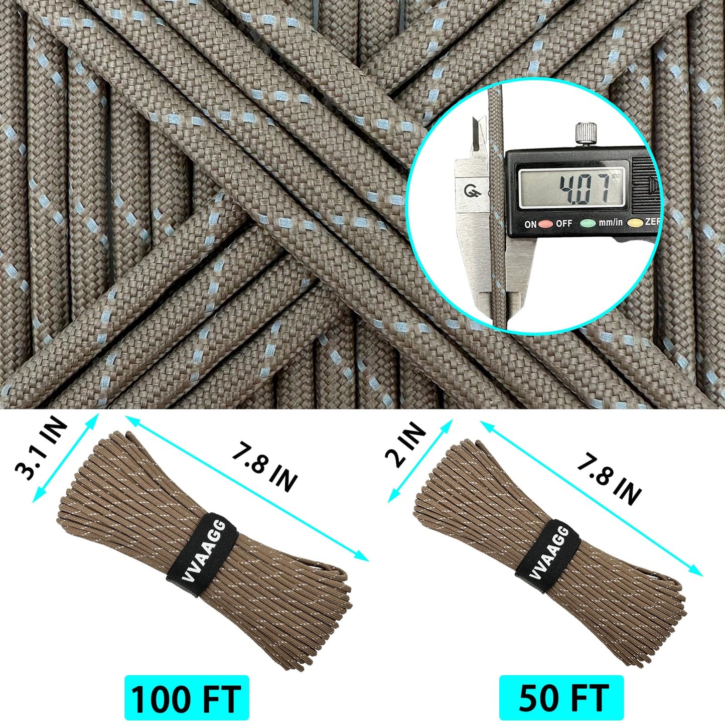 VVAAGG Reflective Paracord Rope 100FT, 7 Strand Nylon para Cord Lanyard Utility 550 Parachute Cord, 4mm Thin Tent Rope for Outdoor Camping Hiking (Tan)