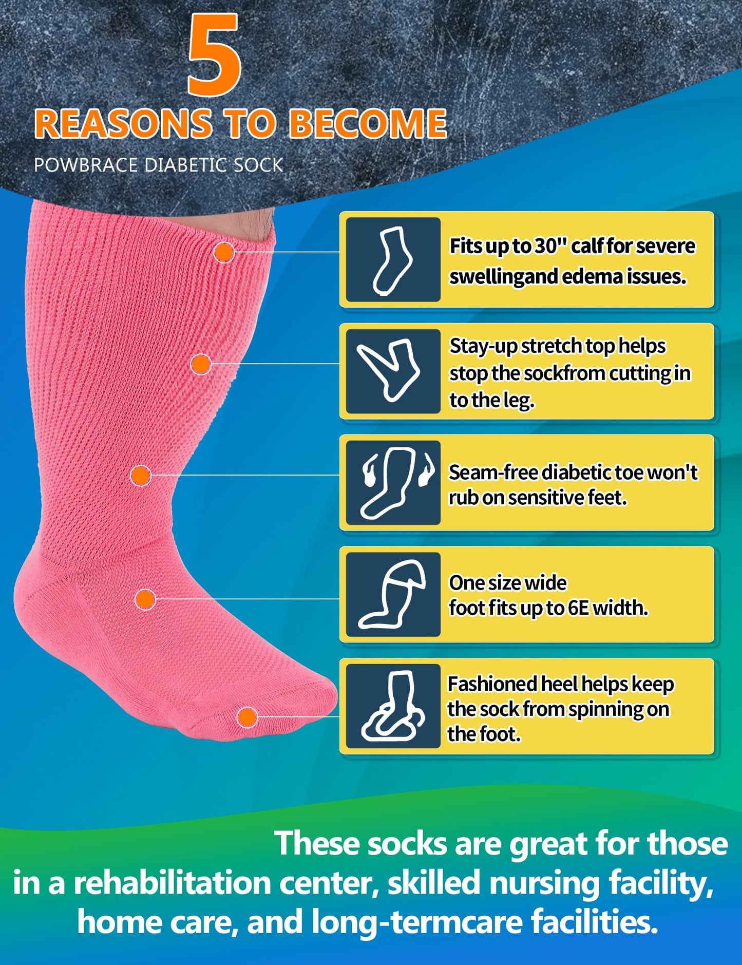 Powbrace 2 Pairs Wide Diabetic Socks for Men Women Plus Size, Pink