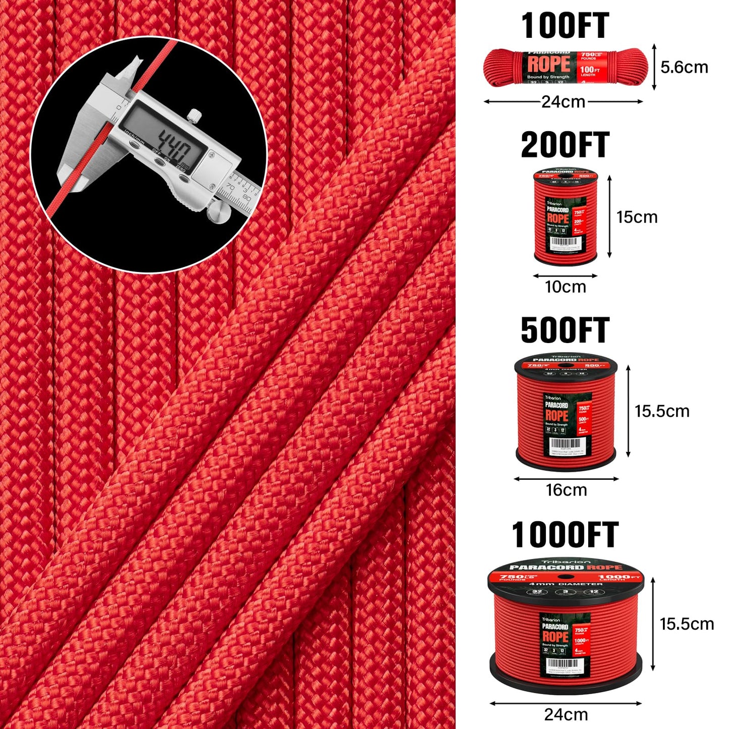 HOKINETY 1200 Paracord Rope - 4.4mm 14 Strand Nylon Parachute Spool para Cord Lanyard for Outdoor Camping Survival Utility Tent Crafting DIY Projects Fishing Clothsline Bracelet - Red 200FT
