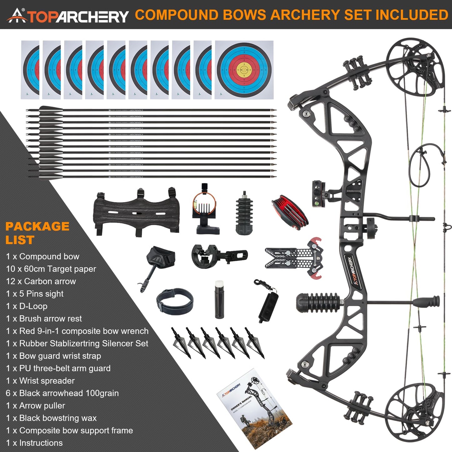 TOPARCHERY Compound Bow and Arrow for Adult Youth and Beginner- Right Hand Archery Compound Bows,Adjustable 30-70LB Draw Weight, 23.5-30.5IN Draw Length, Archery Hunting Bow Set (Black)