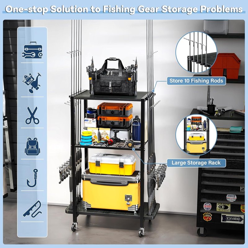 Fishing Rod Holder - 3-Tier Fishing Pole Rack Cart for 10 Rods | Tackle Storage Organizer with Bag - Black