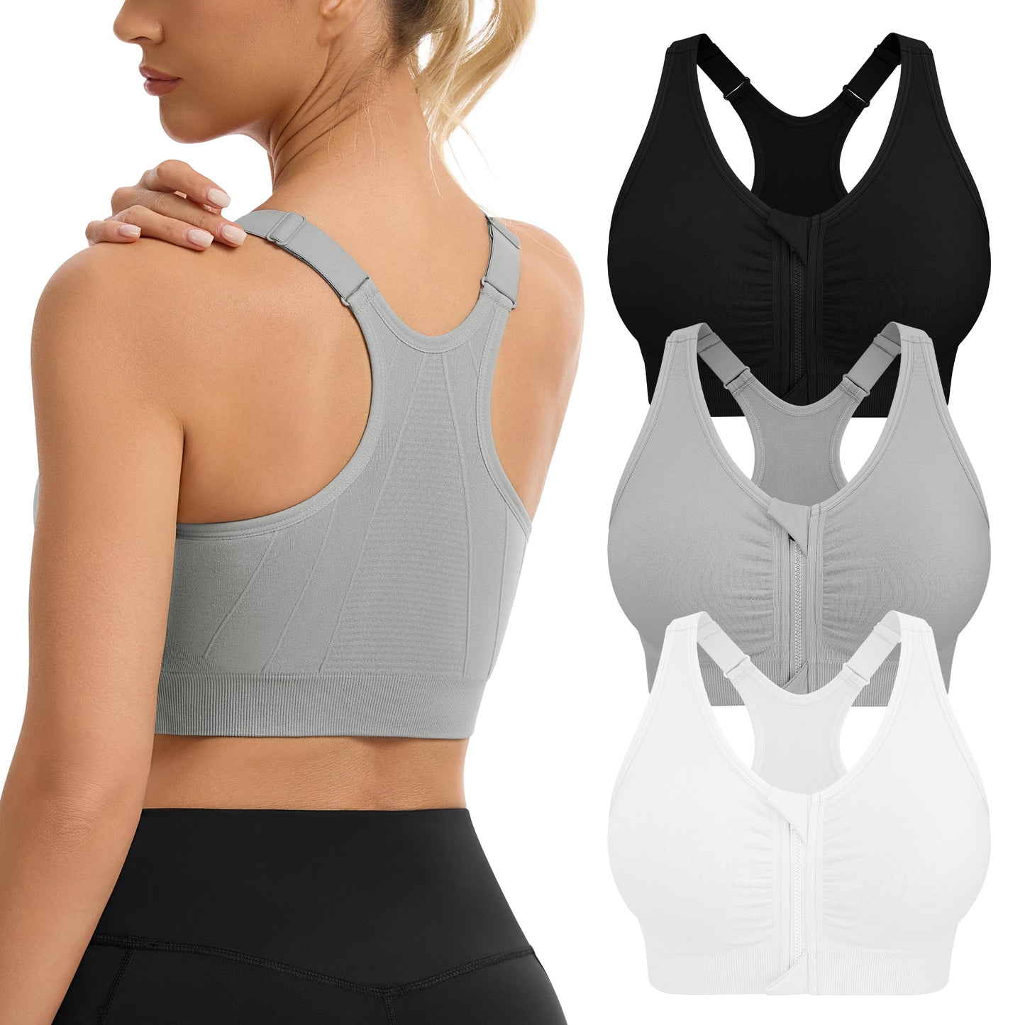 WANAYOU Women's Zip Front Sports Bra Wireless Post-Surgery Bra Workout Bras