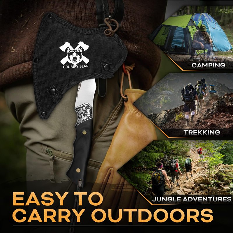 Grumpy Bear Tactical Axe, Camping Survival Hatchet, Full Tang Tomahawk with Sheath, Multifunctional Outdoor Hiking Heavy Duty Hatchet for Emergency, Hiking and Camping, for Men Women