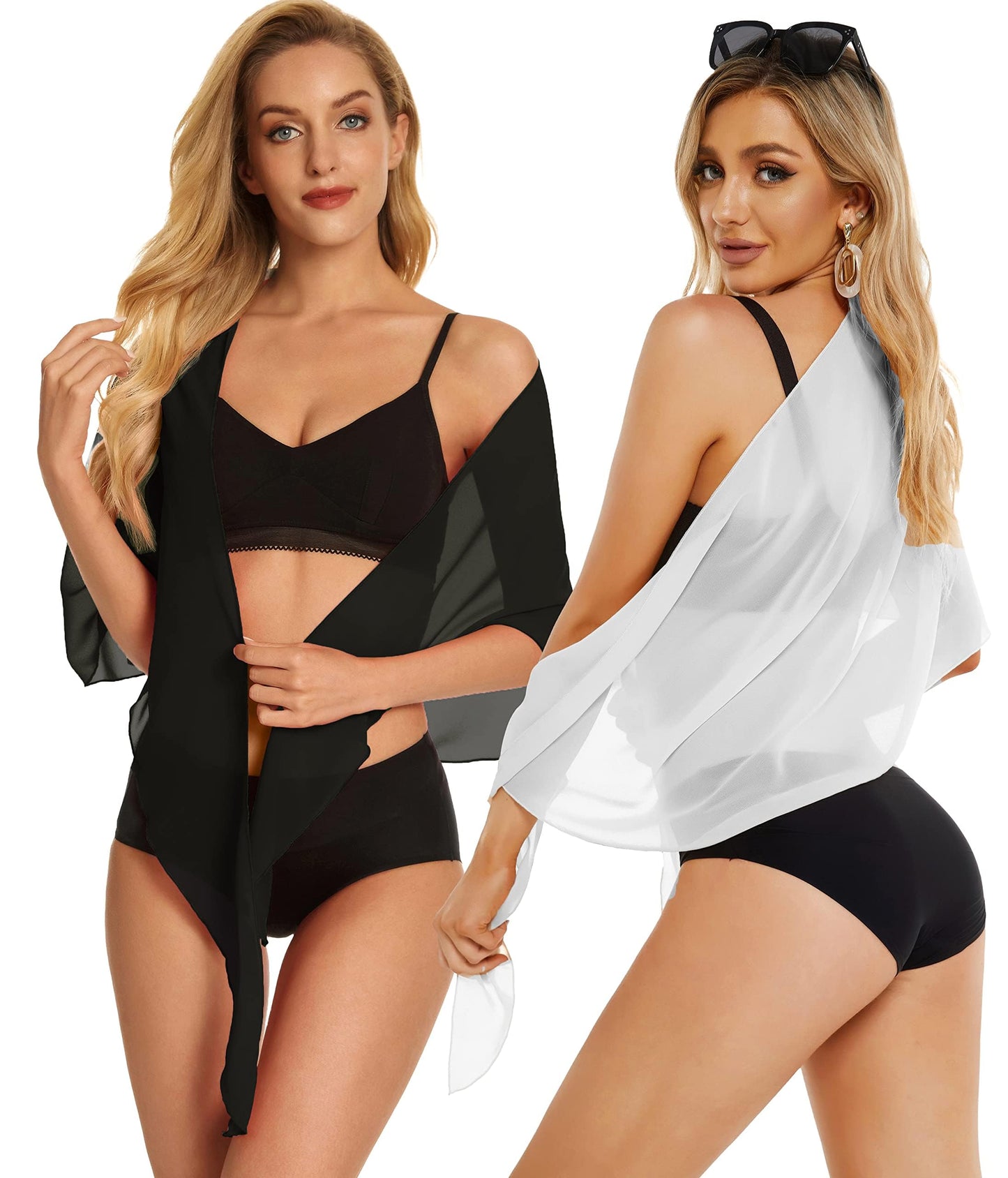 2 Pieces Sarong Cover Ups for Women Beach Bathing Suit Wrap Sheer Short Skirt Bikini Chiffon Scarf for Swimwear (Black,Leopard