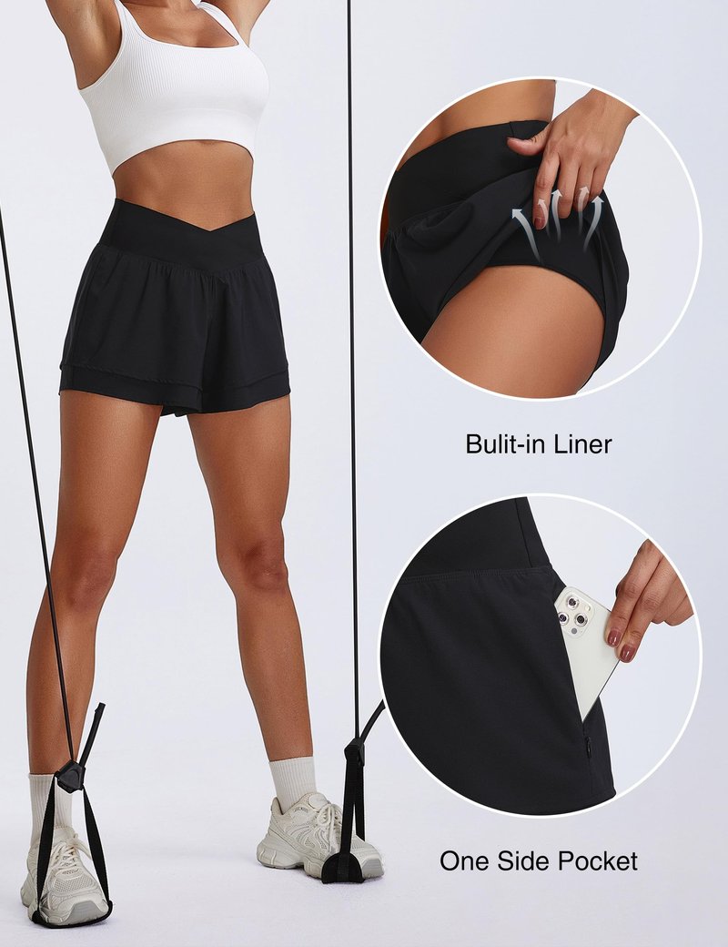 BMJL Womens Athletic Running Shorts High Waisted Crossover Workout Short with Pocket 3"(M,Black)